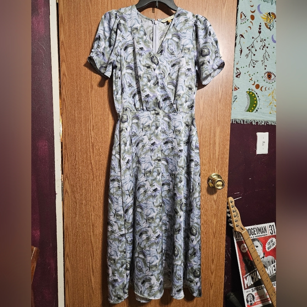 Downeast Abstract Satin V Neck Maxi Dress Short Sleeve With Button Accent!